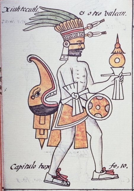 Xiuhtecuhtli, Xiuhtecuhtli, Omacatl, Macuilxochitl, Ixtlilton, Page from Florentine Codex, Version in Spanish and Nahuatl, General History of the Things of New Spain (Historia general de las cosas de Nueva Espana)