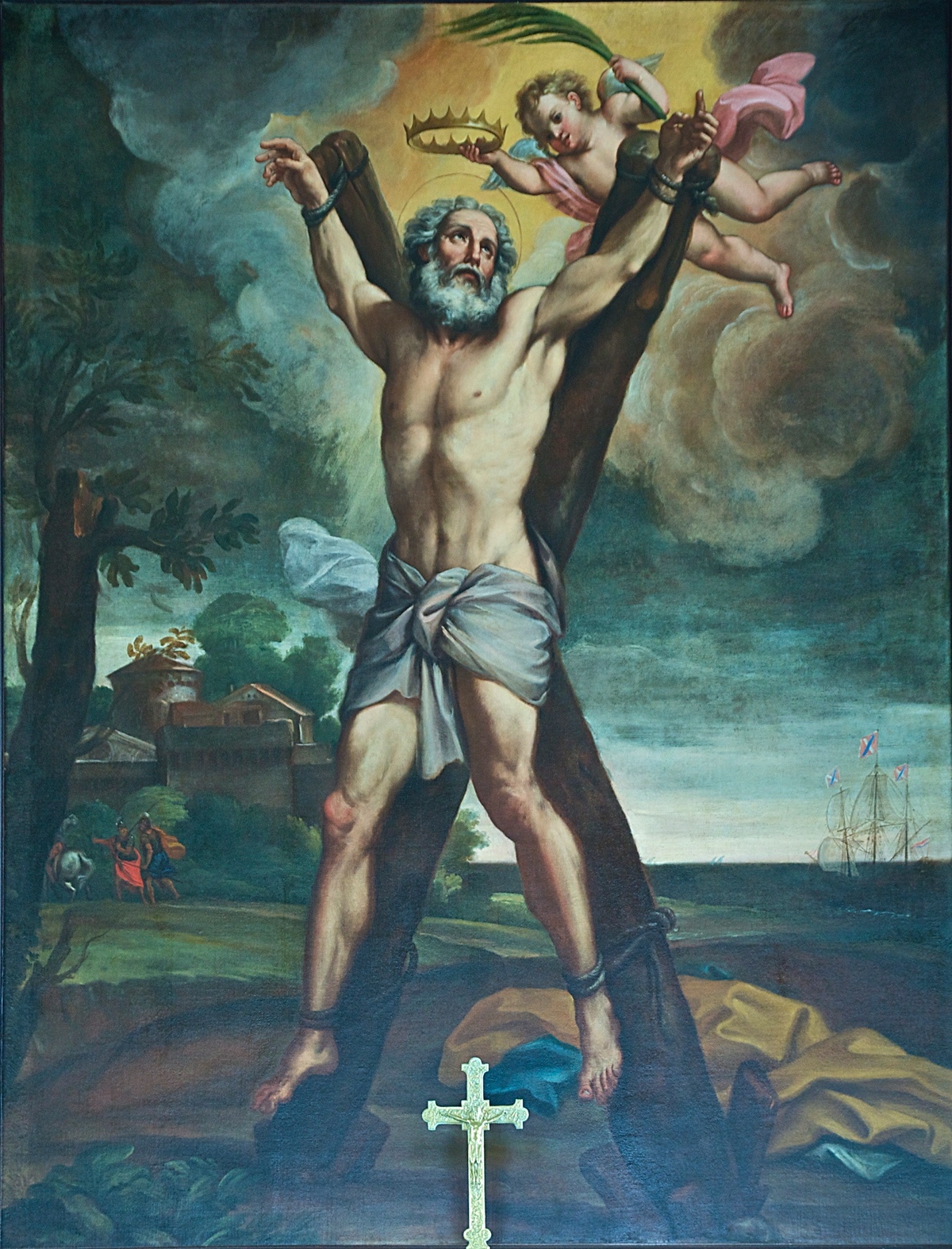 Représentation de la crucifixion de Saint André, au dessus de l'autel de la chapelle du Collège des Écossais à Paris.