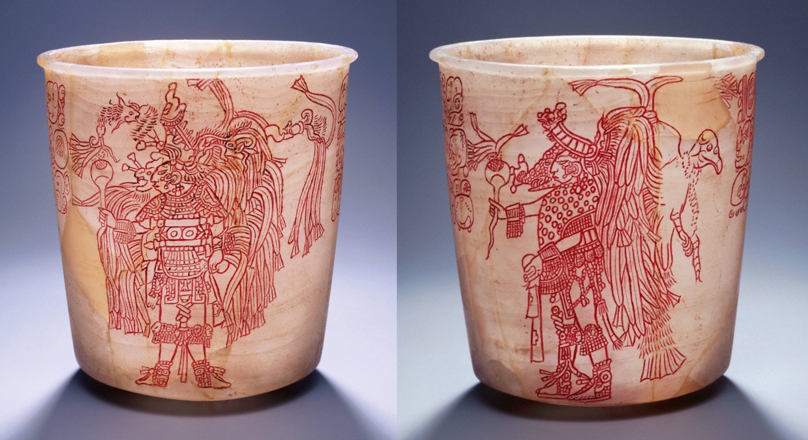 A Maya drinking cup with two men in ceremonial dance costumes, from Copan in Honduras. Travertine with cinnabar, 763-820 CE, now housed at the Princeton University Art Museum