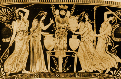 Followers of Dionysus prepare the wine amidst music and dance. 