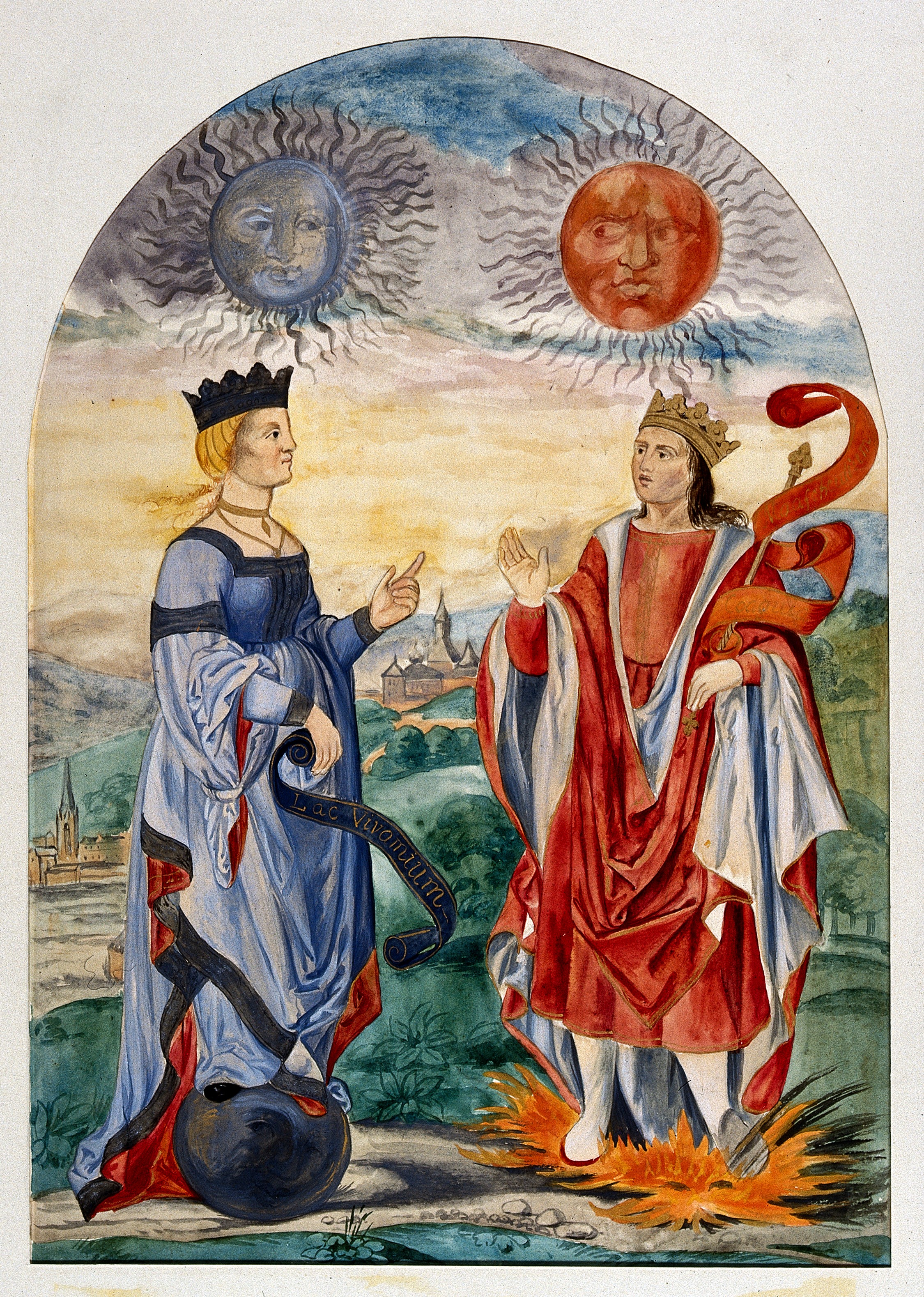 A moon above a queen dressed in blue and a sun above a king