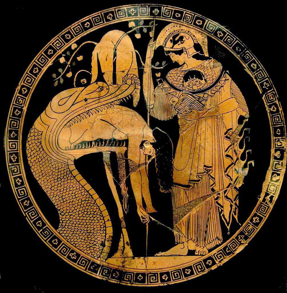 Jason being regurgitated by the snake who keeps the Golden Fleece (center, hanging on the tree); Athena stands to the right. Red-figured cup by Douris, c. 480-470 BC. From Cerveteri (Etruria)